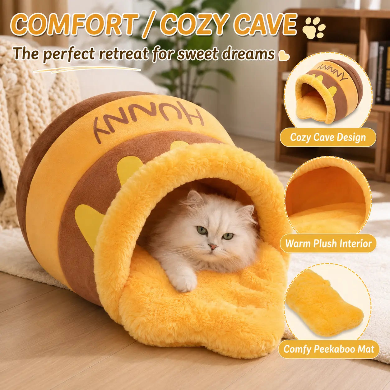 Funny Honey Pot Cat Cave Bed for Indoor Cats, Cute Covered Pet Bed with Removable Plush Cushion for Small Cats & Kittens