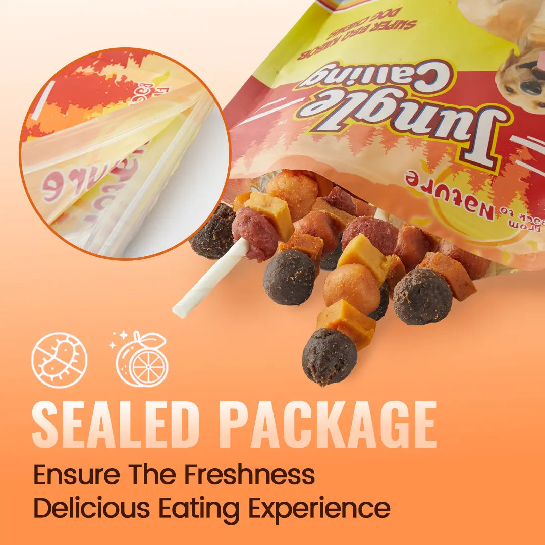 Buy 1 Get 1 Free Jungle Calling Multi-Flavor Dog Treats - Chicken, Duck, Beef, Sweet Potato & Pumpkin Kabobs - Perfect Chew Sticks for Training and Rewards!