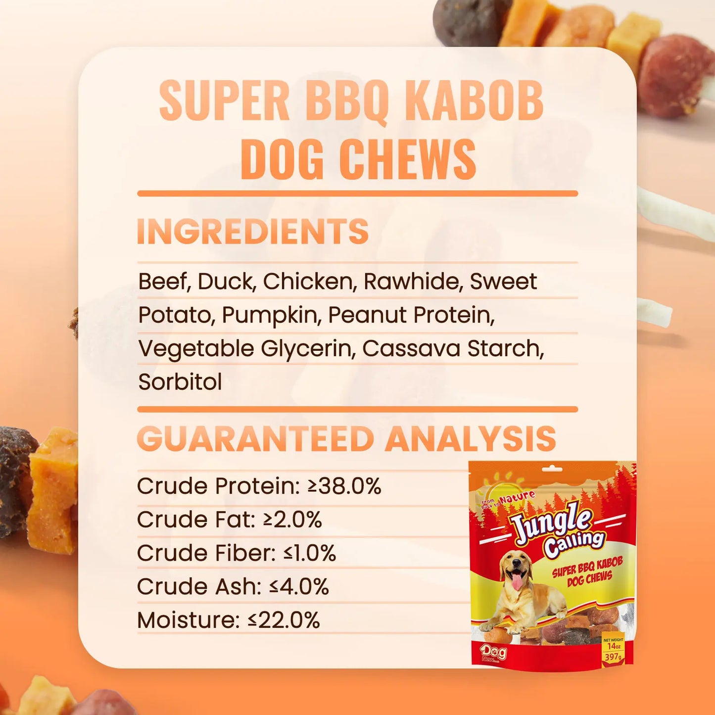 Buy 1 Get 1 Free Jungle Calling Multi-Flavor Dog Treats - Chicken, Duck, Beef, Sweet Potato & Pumpkin Kabobs - Perfect Chew Sticks for Training and Rewards!
