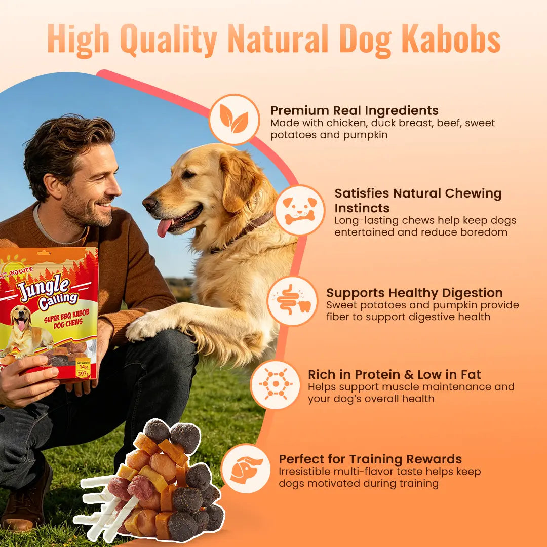 Buy 1 Get 1 Free Jungle Calling Multi-Flavor Dog Treats - Chicken, Duck, Beef, Sweet Potato & Pumpkin Kabobs - Perfect Chew Sticks for Training and Rewards!