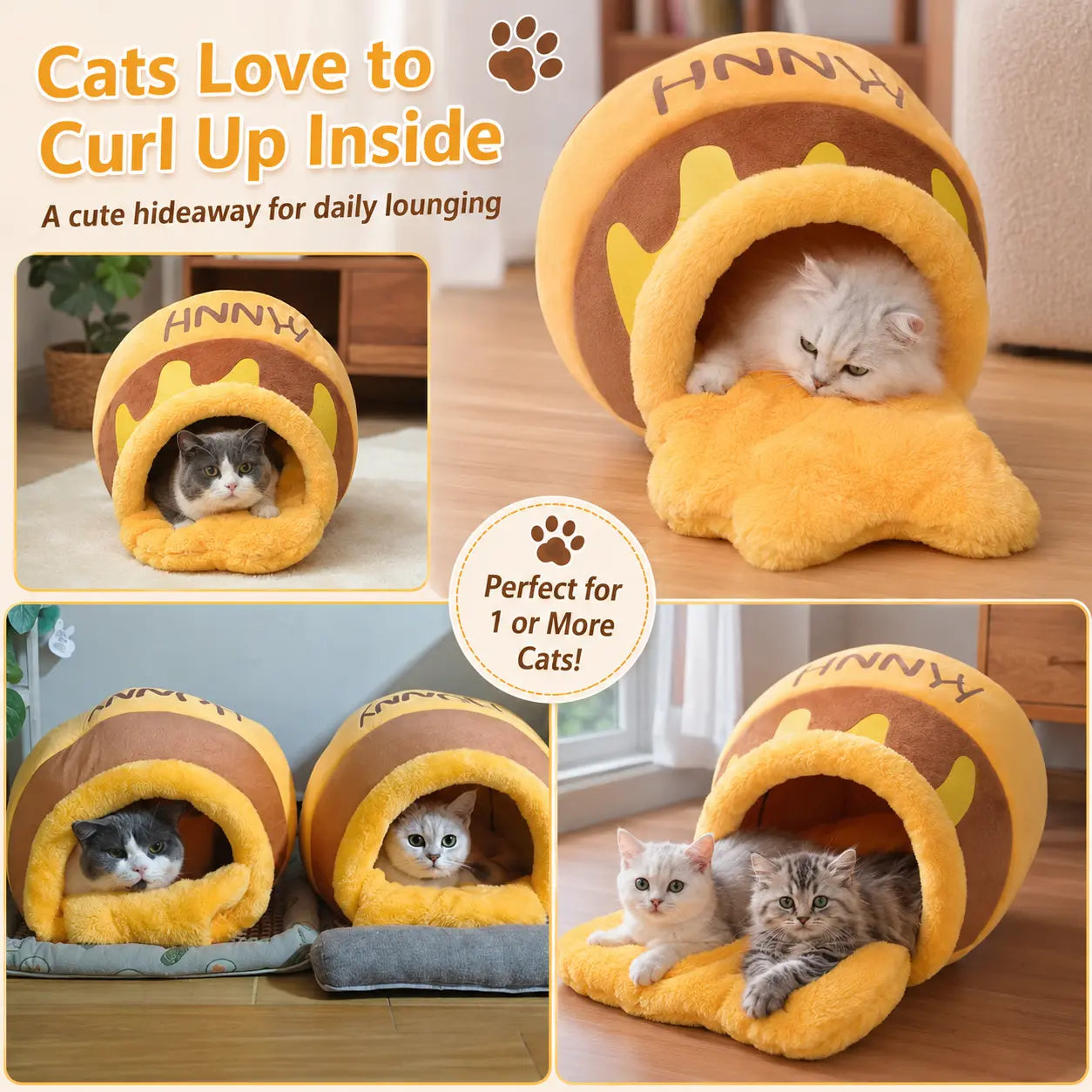 Funny Honey Pot Cat Cave Bed for Indoor Cats, Cute Covered Pet Bed with Removable Plush Cushion for Small Cats & Kittens