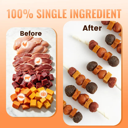 Buy 1 Get 1 Free Jungle Calling Multi-Flavor Dog Treats - Chicken, Duck, Beef, Sweet Potato & Pumpkin Kabobs - Perfect Chew Sticks for Training and Rewards!