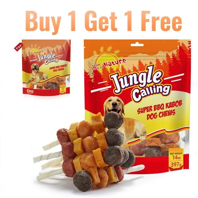 Buy 1 Get 1 Free Jungle Calling Multi-Flavor Dog Treats - Chicken, Duck, Beef, Sweet Potato & Pumpkin Kabobs - Perfect Chew Sticks for Training and Rewards!