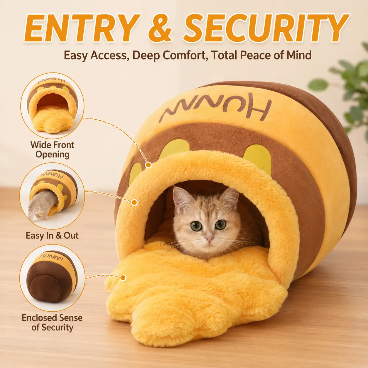 Funny Honey Pot Cat Cave Bed for Indoor Cats, Cute Covered Pet Bed with Removable Plush Cushion for Small Cats & Kittens